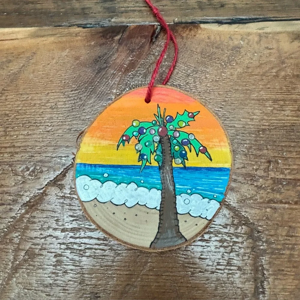 Hand Painted Tropical Palm Tree Beach Wooden Ornament - Orange and Blue